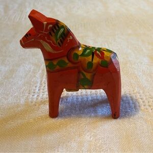 Vintage Handcarved and Painted Swedish Wooden Dala Horse with Original Label